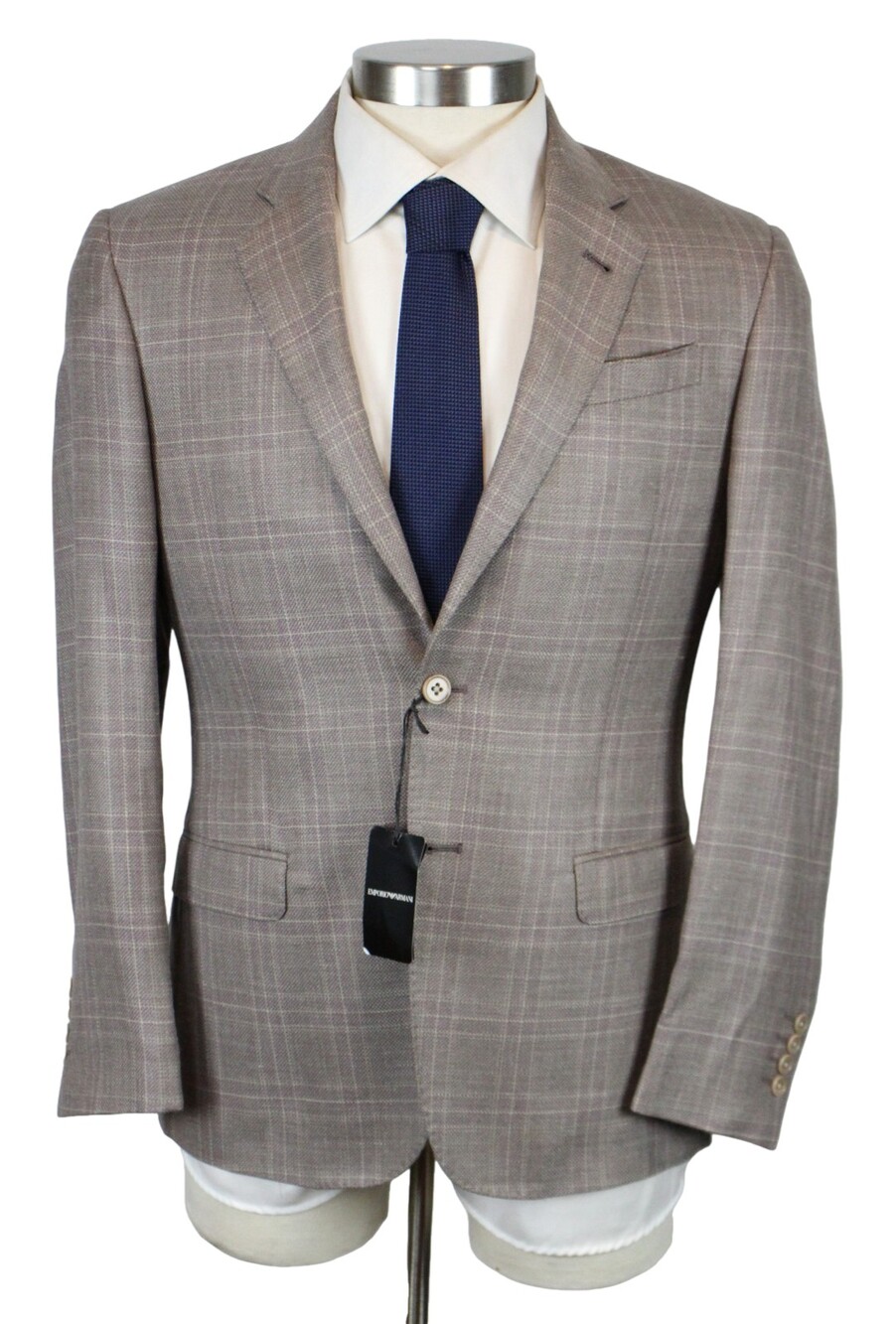 Emporio Armani Blazer 38 R Tan Pink Plaid Wool Silk Linen G Line Sport Coat